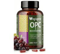 Resveratrol con OPC de Semilla de Uva 240 Cápsulas Veganas 1000 mg por Dosis Diaria 95% Proantocianidinas. Apto para Veganos. VEGAGENO