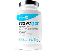 Resveratrol - Trans-Resveratrol 98% Certificado RESROX® - DRcaps™ Liberación Retardada - Alta Disponibilidad - Antioxidante y Antienvejecimiento - Fabricado en Francia - 60 Cápsulas - Vegano - Hexagon