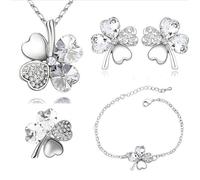 Resweky Collar de cuatro hojas Pulsera para orejas Juego de 4 piezas Hierba Lucky Columna de cristal Columna Brócoli Conjunto Colección colgante Acceso femenino, Tamaño libre, Metal, No aplicable