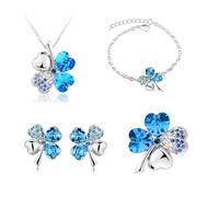 Resweky Collar de cuatro hojas Pulsera para orejas Juego de 4 piezas Hierba Lucky Columna de cristal Columna Brócoli Conjunto Colección colgante Acceso femenino, Tamaño libre, Metal, No aplicable