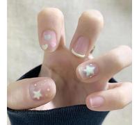 Resweky Corto Francés Cuadrado Falso Nail Star Amor Corazón Rosa Desnudo Glitter Uñas Falsas Impresión Brillante en Uñas para Mujeres y Niñas