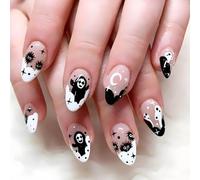 Resweky Halloween Phantom skeletal almonds demon false Pink naked French Nails Short Nails false cover complete acrínails for Women and girls (Pink 1)