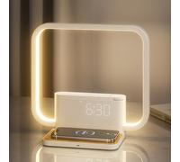 RETEYUNG Lámpara de Cabecera con Cargador Inalámbrico de 10w, 2 Despertadores, Luz de Despertador, 10 Sonidos Relajantes, Lámparas de Cabecera Sunrise Regulables Al Tacto 3 Niveles de Brillo