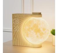 RETEYUNG Reloj despertador con Simulador de Amanecer, Lámpara Luna 3D Giratoria, RGB 8 Colores, Sin Tic-Tac,12/24h, Luz Nocturna con Sonidos Naturales, para Dormitorio, Hogar, Oficina