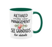 Retired Under New Management See Grandkids For Details For Details For Women Coworker, Teacher, Grandma, Mom, Retirement Coffee Cup For Birthday Christmas 325 ml Ceramic Coffee Cup Dark Green Handle