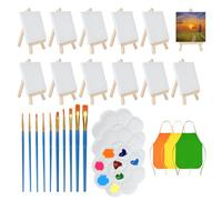 RETON Juego de 40 mini caballetes y lienzo, 12 caballetes pequeños con 12 mini lienzos, 10 pinceles, 3 paletas de pintura y 3 delantales de pintura para niños, mini lienzo y caballete para mostrar