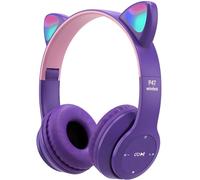 Retoo Auriculares para Niños Bluetooth, Inalámbricos, Cascos con Orejas de Gato con Luz LED, Plegable, Cable Audio 3.5mm, para Movil,Tablet, Ajustable Almohadillas Suaves con Micrófono, Púrpura