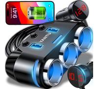 Retoo Divisor Cargador de Coche, Adaptador con 3 Compartimentos y 2 Tomas USB, Distribuidor de Encendedor de Coche con 3 Compartimentos, LED, Cargador de Coche para GPS, Teléfono Móvil, Negro