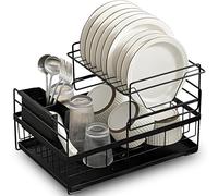 Retoo Escurreplatos de una Sola Capa, escurridor de Platos con Dos Compartimentos, Bandeja de Goteo, Soporte para Cubiertos extraíble, Soporte para Cubiertos, 43,5 x 29 x 24 cm, Color Negro