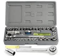 Retoo Juego de llaves de tubo, juego de herramientas, caja de acero, tamaño de tuerca, carraca, caja de carraca, mango de destornillador, 40 piezas, acero inoxidable