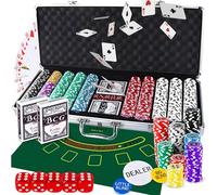 Retoo Juego de Póquer 500 Fichas Cartas y Alfombrilla con Maletín para Texas Holdem Blackjack, 2 Barajas 5 Dados, 3 Botones, 1 Tapete Maletín de Aluminio con Cerradura para Profesionales y Aficionados