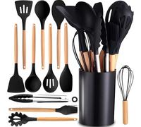 Retoo Juego de utensilios de cocina de 12 piezas de silicona antiadherente, resistentes al calor, con soporte para utensilios, recipiente de almacenamiento, mango de madera, resistente al calor, color