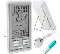 Retoo Termómetro con sensor exterior, hora, termómetro interior exterior, higrómetro interior, hidrómetro digital, termómetro interior con sensor exterior con reloj, pantalla LCD