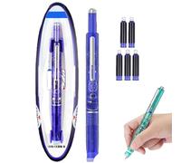 Retractable Fountain Pen: 0.38mm Blue & Black Ink Transparent Barrel, Includes 5 Refillable Ink Cartridges, Fine Nib Set for Journaling, Office, Calligraphy, Drawing (Dark Blue,Erasable blue ink)