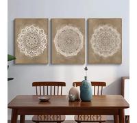 Retrato Arte,Cuadro Abstracto Bohemio Marrón Pared Diseño Geométrico Mandala Rústico Lienzo Póster Impresión Imágenes Sala Estar Dormitorio Oficina Decoración Hogar-60*80cm*3(24*31pulgadas*3)sin marco