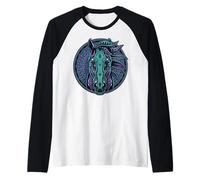 Retrato de Caballo Estilo Cyberpunk Verde Azulado Púrpura Mandala Circuitry Camiseta Manga Raglan