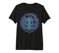 Retrato de Caballo Estilo Cyberpunk Verde Azulado Púrpura Mandala Circuitry Camiseta Premium