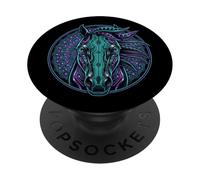 Retrato de Caballo Estilo Cyberpunk Verde Azulado Púrpura Mandala Circuitry PopSockets PopGrip Adhesivo