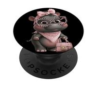 Retrato de Gafas de Leopardo Rosa con Personaje Kawaii Baby Hippo PopSockets PopGrip Adhesivo