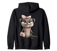 Retrato de Gafas de Leopardo Rosa con Personaje Kawaii de Nutria bebé Sudadera con Capucha