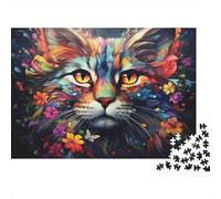 Retrato de Gato Colorido 1000 Piezas Rompecabezas Creativo Actividades Familiares Arco Iris Gato en Flores Jigsaw Juegos Educativos para Adultos 38x26cm/1000pcs