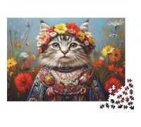 Retrato de Gato Floral, Rompecabezas de 1000 Piezas para Adultos, Gato Floral, Arte Popular, Flores, desafiante difícil, Premium Resistente, Alivio del estrés, decoración Familiar, 52x38cm/1000pzas