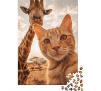 Retrato de Gato y Jirafa Animal Puzzle de 1000 Piezas Papel para Adultos Escena de Fauna Africana Juego de Puzzle 1000 Piezas Relajación Decoración Regalo 70x50cm/1000pcs