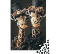Retrato de Jirafa Elegante Puzzle de 1000 Piezas Papel Adultos Sombrero Floral Vintage Animal Puzzle para Adultos Decoración Hogar Relajación 70x50cm/1000pcs