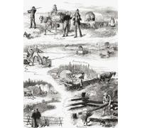 Retrato de la vida de los emigrantes en América del Norte en el siglo XIX. Arriba: En la carretera. Familias en busca de una vida mejor. Centro: Cruzar un río con animales y vagones parte de las