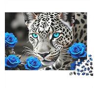 Retrato de Leopardo de Ojos Azules Jigsaw Leopardo olfateando una Rosa Puzzle Mil Piezas Papel Resistente - para Jóvenes Adultos Ocio Desarrollo Cognitivo Difícil 52x38cm/1000pcs