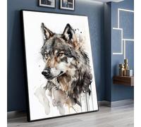 Retrato de lobo majestuoso pintado al óleo, arte mural de animales en acuarela, impresión en lienzo de naturaleza salvaje, pósteres de decoración rústica para el hogar (60x80cm/marco interno)