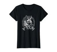 Retrato de Lobo nórdico Viking Rune Circle Arte Animal mítico Camiseta gráfica económica, Mujer, Negro, S