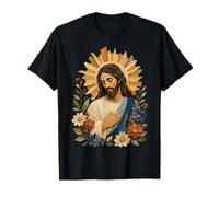 Retrato de oración de Icono Sagrado Estilo de Papel Floral de Jesucristo Camiseta