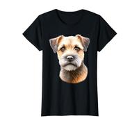 Retrato de Perro Border Terrier Camiseta gráfica económica, Mujer, Negro, XL