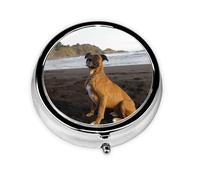 Retrato de perro Boxer marrón de playa, Pastillero, Pastillero redondo Pequeño contenedor de pastillas Organizador de pastillas de viaje