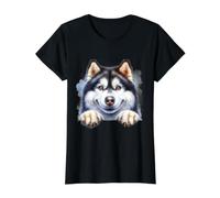 Retrato de Perro de Trineo Sonriente Husky Cachorro de Cara de Lobo icónico Camiseta gráfica económica, Mujer, Negro, L