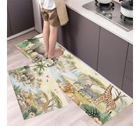 Retrato De Un Grupo De Animales De Pradera Juego De Alfombras De Cocina De 2 Piezas,Elementos De Elefante Y Jirafa Alfombras Y Tapetes De Cocina Antideslizantes Y Lavables 44×70Cm+44×120Cm,Verde Claro