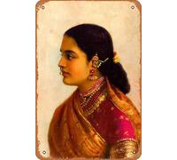 Retrato de una mujer joven en Russet y carmesí Sari Esculturas de pared, letrero para decoración del hogar, arte vintage, pintura de metal, 30,5 x 20,3 cm