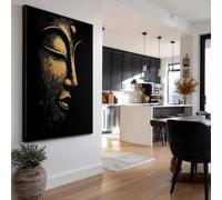 Retrato de una pieza de arte budista moderno: pintura sobre lienzo de Buda oscuro, decoración de pared zen, obra de arte espiritual de gran tamaño para sala de estar (70 x 100 cm con marco interior).