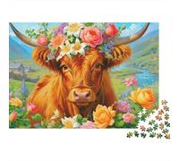 Retrato de Vaca Floral Grueso, Rompecabezas de 1000 Piezas para Adultos, Vaca de Las Tierras Altas, Corona de Rosas, Campo, Premium Calidad, desafiante difícil, Alivio del estrés, 70x50cm/1000pzas
