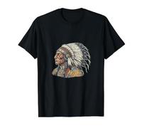 Retrato del Jefe Nativo Americano Guerrero indígena Vintage Camiseta gráfica económica, Hombre, Negro, L
