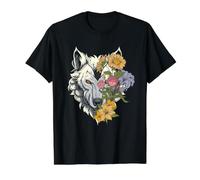 Retrato Floral de Lobo Blanco botánico Bohemio Animal Arte Camiseta gráfica económica, Hombre, Negro, XL