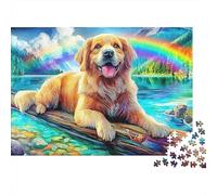 Retriever dorado Lake Scene Extra Thick Cardboard Arte de lienzo de perro arco iris Jigsaw Puzzle Adults Brain Training Travel Activity Gift for Senior Jigsaw Lovers Teen Fans Age 12 18 38x26cm1000pcs