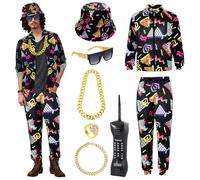 Retro 80s 90s Hip Hop Outfit for Adults, Fancy Dress Set with Sportswear Jacket&Pants, Hat Dollar Ring Necklace Bracelet Glasses Inflatable Phone, Shell Suit for 80s Party Halloween Carnival