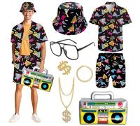 Retro 80s 90s Hip Hop Outfit for Adults, Fancy Dress Set with Sportswear Shirt&Short, Hat Dollar Ring Necklace Bracelet Inflatable Radio Glasses, Beach Tracksuit for 80s Party Halloween Carnival