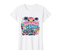 Retro 80s 90s Nostalgia Summer Beach Vibes Boombox Tabla de Surf Camiseta gráfica económica, Mujer, Blanco, S