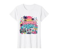 Retro 80s 90s Nostalgia Summer Beach Vibes Boombox Tabla de Surf Camiseta gráfica económica, Mujer, Blanco, XL