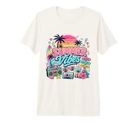 Retro 80s 90s Nostalgia Summer Beach Vibes Boombox Tabla de Surf Camiseta Premium