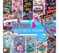 RETRO 80'S-90'S THEME SCRAPBOOK PAPER: This is a double sided craft paper, used in DIY junk journals, EPHEMERA, ORIGAMI, DECOUPAGE, MIXED MEDIA ART, Collage