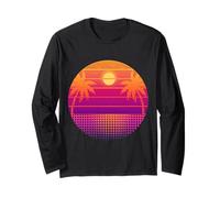 Retro 80s Vaporwave Palm Trees Sunset - Synthwave Art tee Manga Larga